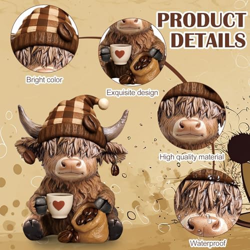 Wesiti 2 Pcs Highland Cow Figurines, Coffee Resin Statue Desk Decor - Image 4