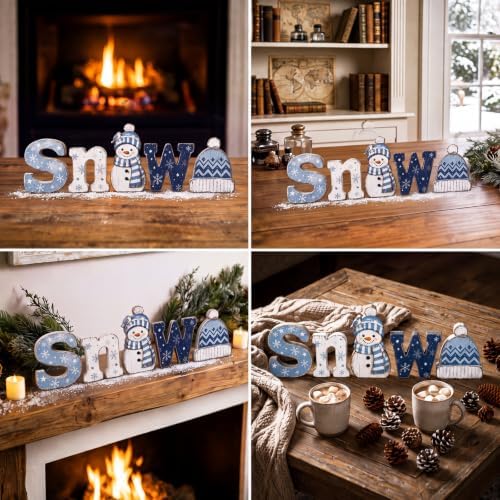 Threehoney 5 Pcs Winter Snow Wooden Table Decor, Snowman Design for Mantel - Image 4