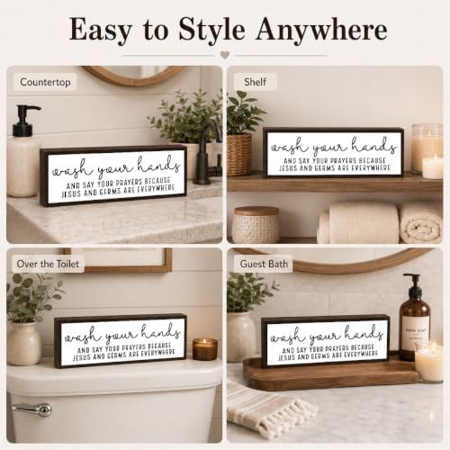 Funny Bathroom Wooden Sign, Wash Your Hands And Say Your Prayers, Funny Farmhouse Bathroom Wall Decor, Rustic Wood Restroom Sign for Home Guest Bath, Humorous Wood Bathrooms Decor, 9.5 x 3.1 Inches - Image 3