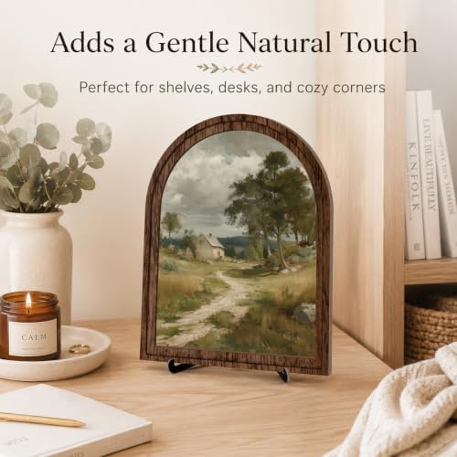 Tabletop Wood Decor Rustic Landscape Sign, Arched Wooden Frame Farmhouse Artwork for Shelf or Desk Display, Vintage Countryside Pictures for Living Room Bathroom Table or Wall Decor - Image 2