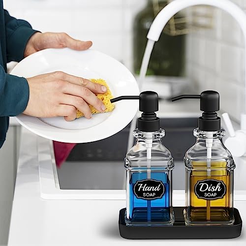 LMQML Soap Dispenser - 2 Pack, Antique Design Thick Glass Hand Soap Dispensers with Sturdy Tray; 304 Rust Proof Stainless Steel Black Pump, 12Pcs Stickers, for Kitchen, Bathroom - Image 6