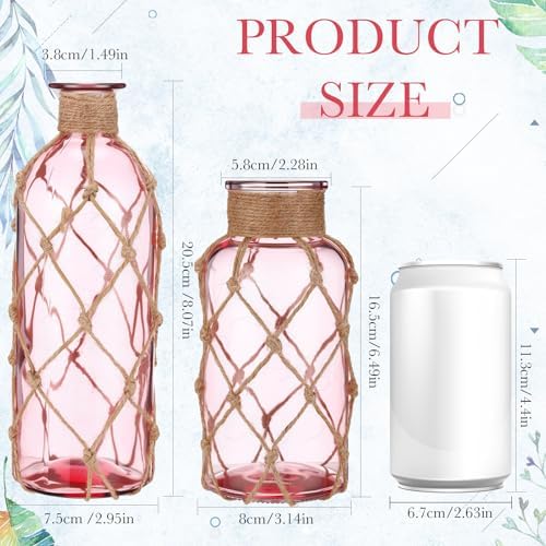 Chuangdi Set of 2 Coastal Glass Flower Vase with Boho Rope, Pink - Image 2
