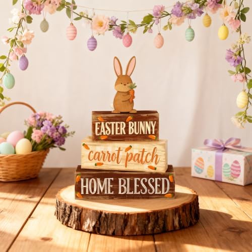 Easter Decorations - Easter Bunny Tiered Tray Decor Set - Wooden Carrot Patch Tabletop Decoration - Rustic Farmhouse Spring Home Decor Indoor for Tiered Tray Shelf Mantel Coffee Table Gift - Spring Home Decor for Living Room, Kitchen Counter - Image 3