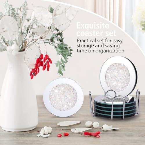 Jetec Mirrored Glass Coaster Set of 6 with 1 Holder 4" Crushed Diamond Round Cup Mat Glitter Crystal Rhinestone Glass Coaster Bling Table Decor for Bar Kitchen Gift for Christmas(White,4 Inch) - Image 5