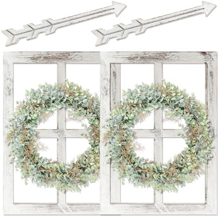 WAKOSAN Rustic Wood Window Frame Wall Decor with Wreath & Arrows by WAKOSAN
