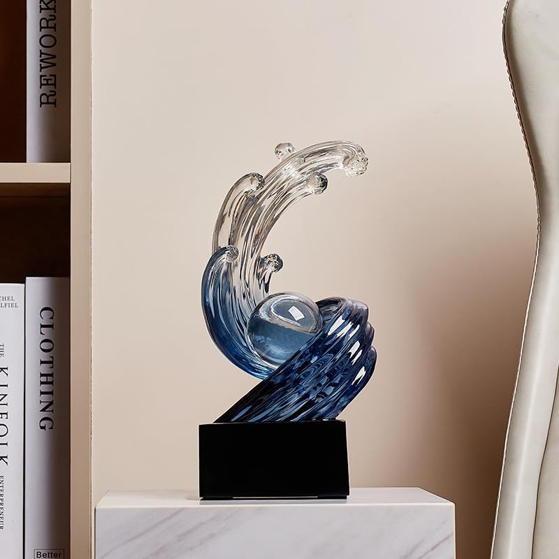 Modern Abstract Decorative Wave Statue, Blue Abstract Art Home Decor,Crystal Ball Art Wave Resin Sculpture, Office Desk Stand, Dining Table Center Decorative Aesthetics(B,Navy-Blue) - Image 2