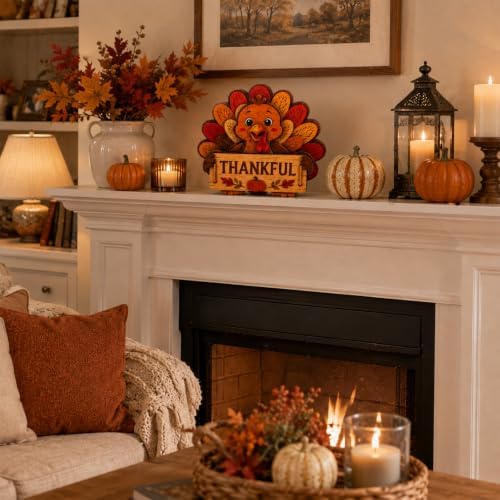 Thanksgiving Turkey Decor, Pumpkin Farmhouse Fall Sign, Wooden Thanksgiving Table Decorations for Home, Mantel, Office & Indoor, Party Shelf Decor, Vintage Colorful (Thanksgiving Turkey Decor) - Image 7