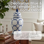 Decorative Jar with Lid Hand-Painted Pattern Stoneware Ceramic Traditional Design Home Office Bedroom Living Room Accent Decor - 14" Blue & White - Image 6