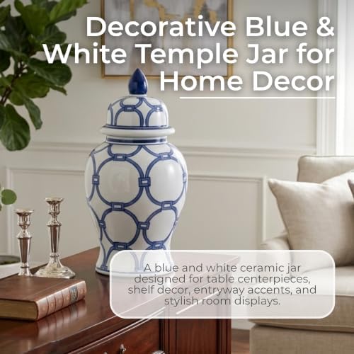 Decorative Jar with Lid Hand-Painted Pattern Stoneware Ceramic Traditional Design Home Office Bedroom Living Room Accent Decor - 14" Blue & White - Image 6