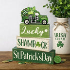 Marsui 4 Pcs St Patrick's Day Table Decorations Green Shamrocks Wooden Signs Block Farmhouse Irish Tiered Tray Decor Rustic St. Patrick's Day Table Centerpieces for Home Office Desk Shelf Mantel Decor by Marsui