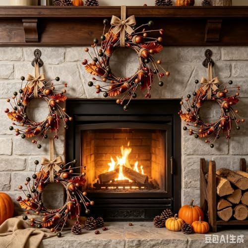 6 Pcs Mini Fall Hanging Wreaths for Cabinets Small Candle Rings Wreath Pillar Holder Wreath with Acorn Berry Autumn Leaves Harvest Wreaths for Farmhouse Porch Front Door Window - Image 4