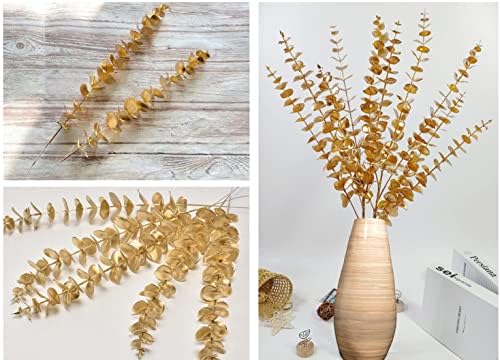 CATTREE Artificial Gold Eucalyptus, Faux Plastic Golden Plants 19" Tall 10 Pcs, Wreath Decorations Fake Shrubs for Wedding Hotel Hall Party Indoor Home Table Centerpieces DIY Decor Planting Filler - Image 2