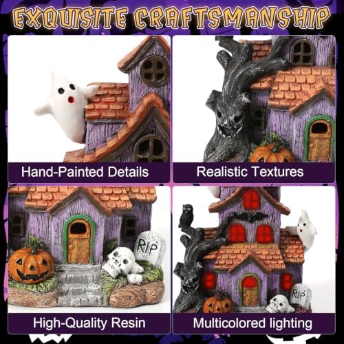 Halloween Decorations, Lighted Halloween Village Houses with LED Lights Haunted House for Home and Party Table Desk Mantel - Image 4