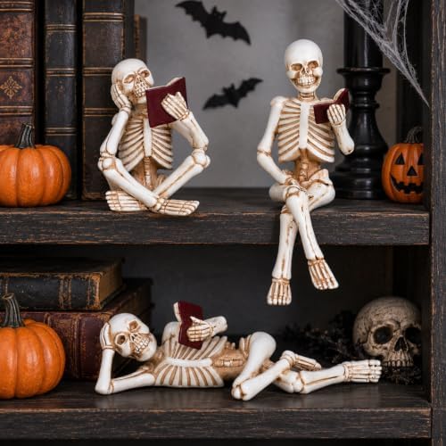 3 Piece Halloween Indoor Decor Figurines Sitting Skeleton Statue Halloween Decorations mini Reading Skull Figurine Home Decor for Living Room Table Shelf Ornament - Image 3