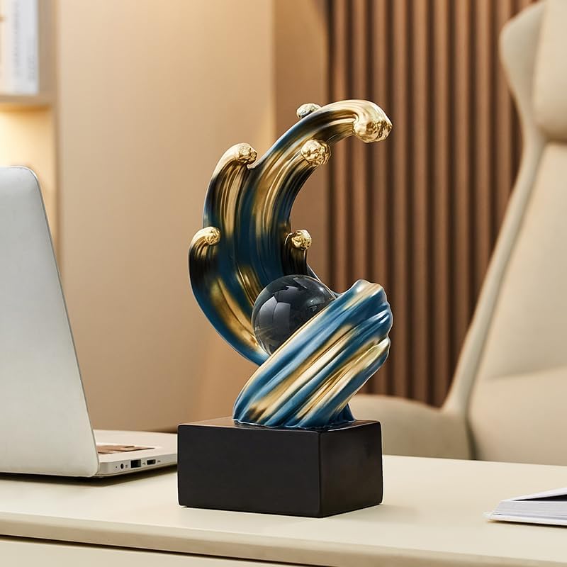 Modern Abstract Decorative Wave Statue, Blue Abstract Art Home Decor,Crystal Ball Art Wave Resin Sculpture, Office Desk Stand, Dining Table Center Decorative Aesthetics(B,Blue) - Image 3