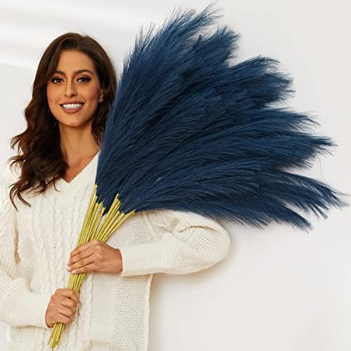 Blue Pampas Grass, 9 PCS 37''/3.1FT Tall Fluffy Fake Pompas Floral, Large Faux Pompous Grass Branches for Floor Vase Fillers, Boho Farmhouse Room Wedding Decor (Blue) by QUBITFUL