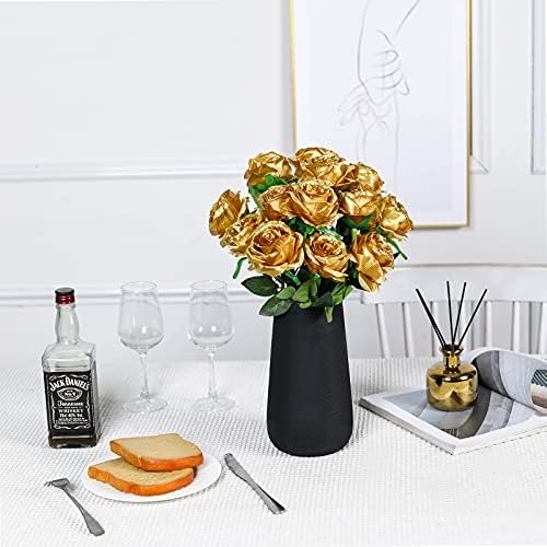 10pcs Gold Roses Artificial Flowers, Realistic Faux Rose with Long Stem - Image 2
