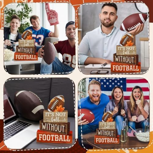 Yuntau 4 Pcs Fall Football Decor Rustic Wooden Blocks Table Centerpiece - Image 6