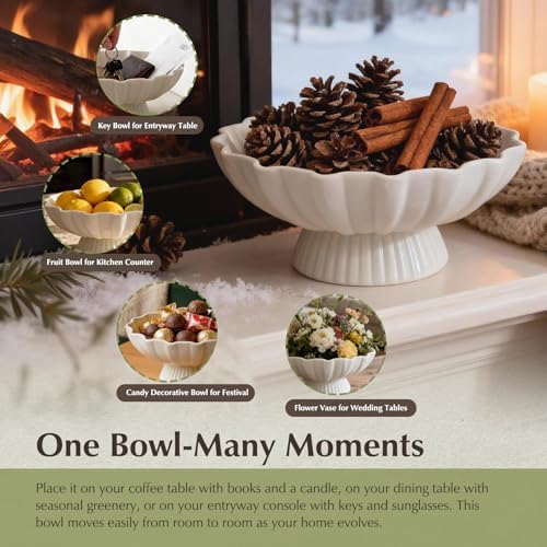 White Pedestal Fruit Bowl for Kitchen Counter, 9-Inch Ceramic Centerpiece Bowl with Fluted Texture, Modern Farmhouse Coffee Table Decor for Dining Table,Entryway Key Bowl, HouseWarming Gift - Image 2