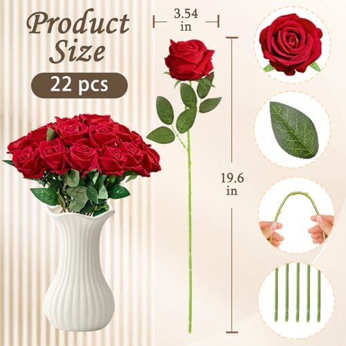 22 Pcs Artificial Red Roses with Stems - Realistic Velvet Faux Flowers Bulk, Fake Roses for Wedding Centerpieces & Home Decor(Red) - Image 3