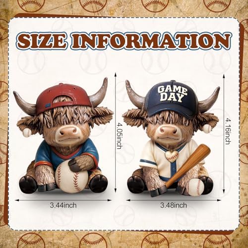 Wesiti 2 Pcs Baseball Highland Cow Figurines, Resin Statue with Bat Ball - Image 3
