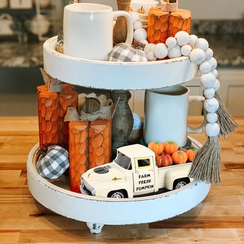 Thanksgiving Fall Tiered Tray Decor Vintage Metal Truck Fall Pumpkin Truck with Mini Fake Pumpkins White Autumn Harvest Gifts for Farmhouse Shelf Coffee Table Home Kitchen Table Decorations - Image 3