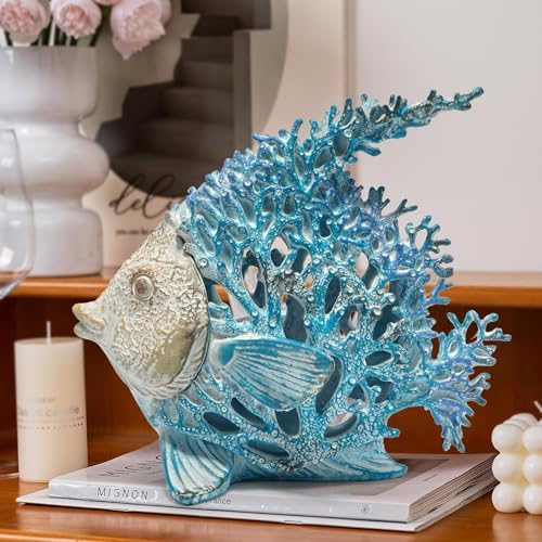 Hodao Sea Coral Fish Figurines Decoration Summer Beach Coastal Decor Coral Reef Angelfish Home Office Desk Decor Statues for Tabletop Shelf Bathroom Decoration Ornament Gifts for Mom (Blue) - Image 5