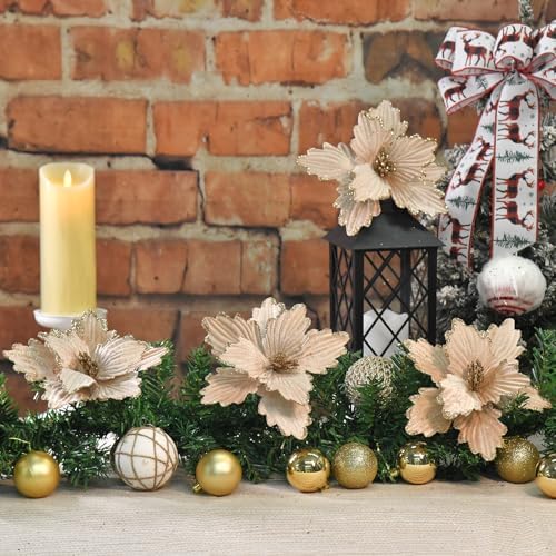 10 PCS Glitter Poinsettias, 8.7" Artificial Christmas Flowers, Champagne - Image 4