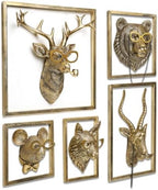 Newinhome Animal Heads Wall Decor (5pcs, Includes Metal Frame) Resin Animals Sculptures Head Wall Hanging Decoration Gold vintage Wall Sculpture for Living Room Bedroom Office by Newinhome