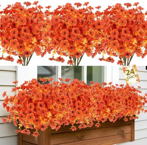 24 Bundles Artificial Fall Flowers Outdoor UV Resistant Fake Mums Bulk Outdoor Faux Mums Plants Plastic Flower Decorations for Home Garden Porch Hanging Planter Vase Autumn Decor Outside, Orange - Image 4