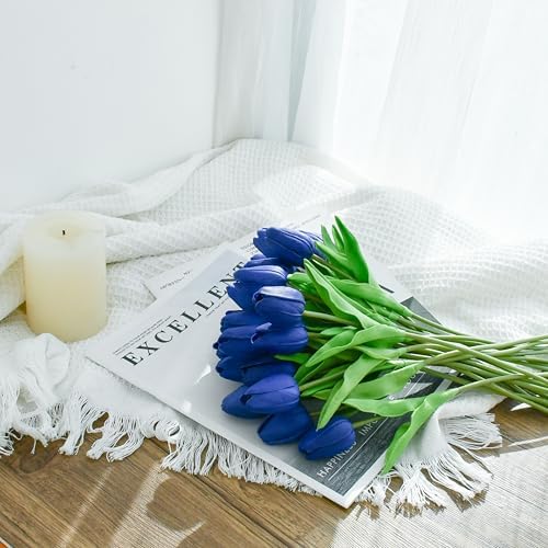 ONLY ART Artificial Royal Blue Tulips 20 Pcs – 13.5 Inch PU Faux Flowers with Bendable Stems for Home Décor, Wedding Centerpieces, DIY Floral Arrangements, New Year and Valentine's Day - Image 3