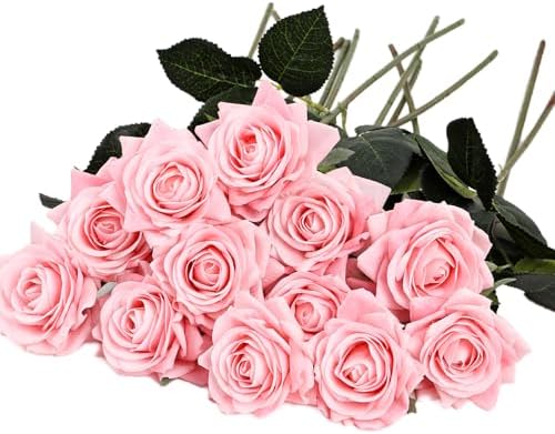 Kimura's Cabin 12pcs Real Touch Roses Artificial Flowers Lifelike Rose,Pink by WeddingPartyArrangementBouquetsDecorationArtificialFlowers