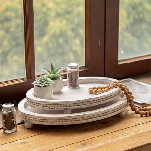 Farmhouse Oval Wooden Decorative Trays Set of 2, Distressed White Solid Wood Beaded Trays for Coffee Table, Kitchen Counter, Ottoman & Dining Table Centerpiece Decor - Image 5