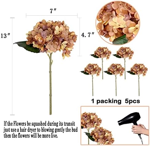 6Pcs 13" Light Brown Silk Hydrangea Artificial Flowers - Image 2