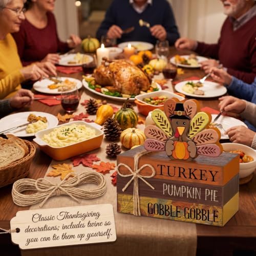 4 Pcs Fall Thanksgiving Tiered Tray Decor Wooden Turkey Book Sign - Image 5