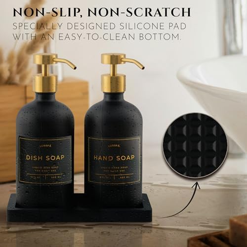 Glass Soap Dispenser Set of 2 (Black) with Silicone Tray | Hand and Dish Soap Dispenser for Kitchen and Bathroom | 16.8 Oz Glass Bottles with Stainless Steel Pump & 15 Waterproof Labels (Black/Gold) - Image 3