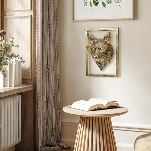 Newinhome Animal Heads Wall Decor (Includes Metal Frame) Resin Animals Sculptures Head Wall Hanging Decoration Gold vintage Wall Sculpture for Living Room Bedroom Office(Fox) - Image 5
