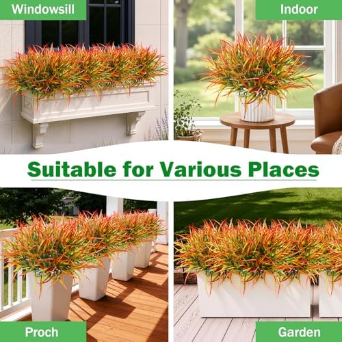 Uieke 12 Bundles Artificial Outdoor Plants UV Resistant Fake Grass Plants Faux Plastic Plants for Home Garden Spring Summer Decor, Green & Red - Image 7