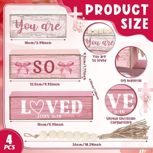 Yuntau 4 Pcs Pink Christian Table Decor Wooden Bow Decor Blocks Sign - Image 3