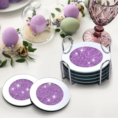 Jetec Mirrored Glass Coaster Set of 6 with 1 Holder 4" Crushed Diamond Round Cup Mat Glitter Crystal Rhinestone Glass Coaster Bling Table Decor for Bar Kitchen Gift for Christmas(Purple,4 Inch) - Image 6