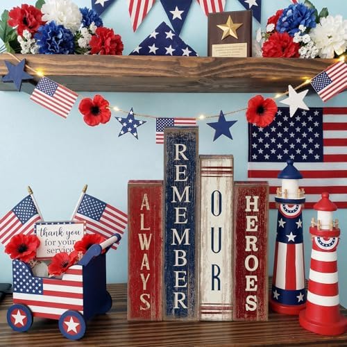 Lineshading 4 Pcs 4th of July Table Decoration Wooden Book Patriotic Sign - Image 2