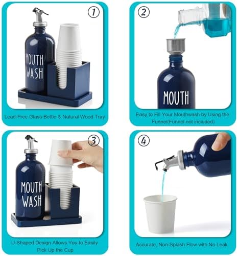 Glass Mouthwash Dispenser for Bathroom, 16 OZ Mouthwash Dispenser with Pour Spout and Wood Cup Holder and Tray, Mouth Wash Bottle Container, Farmhouse Kitchen Bathroom Decor and Accessories, Navy Blue - Image 4