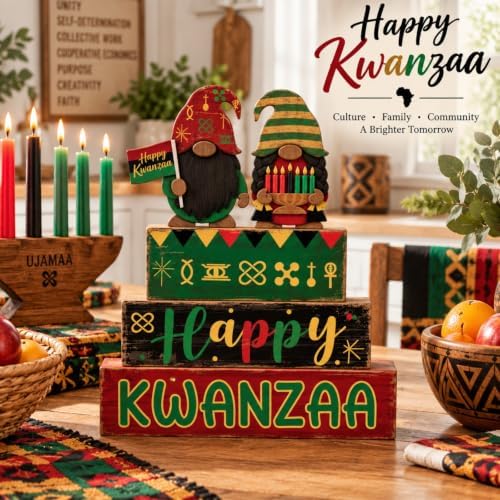 Yuntau 4 Pcs Happy Kwanzaa Books Table Decor Black Gnome Stacked Signs - Image 3