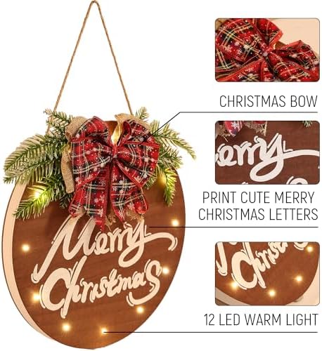 HOMCDALY Merry Christmas Sign for Front Door, Wooden Hanging Sign Door Decoration with 12 LED Light, Winter Welcome Wreath indoor outdoor Décor, Christmas Decoration. - Image 4