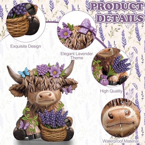 Wesiti 2 Pcs Lavender Highland Cow Figurines, Purple Resin Tiered Tray - Image 4