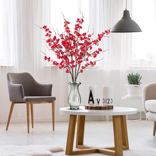Sggvecsy Artificial Plum Blossom Flowers 4 Pcs Faux Cherry Blossom Stems Faux Silk Plum Blossom Branches 36.2’’ Fake Flowers Long Stems for Vase Arrangements Home Wedding Table Decor (Red) - Image 6