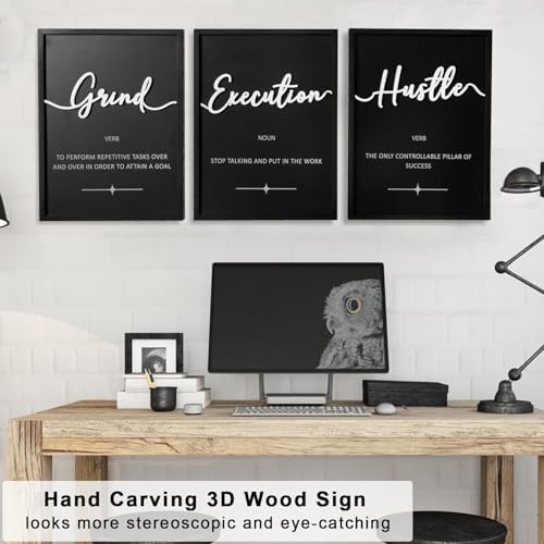3D Wood Office Wall Art, Framed Grind Hustle Success Inspirational Wall Art, Motivational Wall Decor for Office Bedroom(Ready to Hang, 12x16 inches, Set of 3, Framed) - Image 3