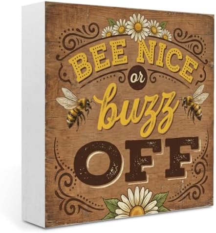 Bee Decor Summer Wall Decor Bee Nice Or Buzz Off Summer Decorations Wooden Box Sign for Home Office Farmhouse Table Shelf by IYEZH