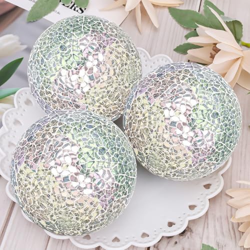 3 Pcs Decorative Balls for Bowls,3.15" Silver Mosaic Glass Ball - Image 4