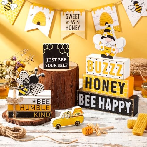 11 Pcs Bee Table Decorations Bee Tiered Tray Decorations Set Gnome Stack Signs Honey Farmhouse Rustic Wooden Table Centerpieces for Home Party - Image 2